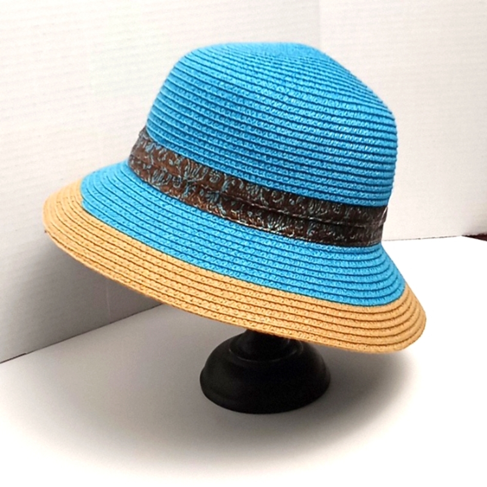 Summer Turquoise Bucket Style Hat with Blue & Black Ribbon Accent